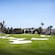 A golf course has palm trees on the sides of the fairway and a sand trap in the middle